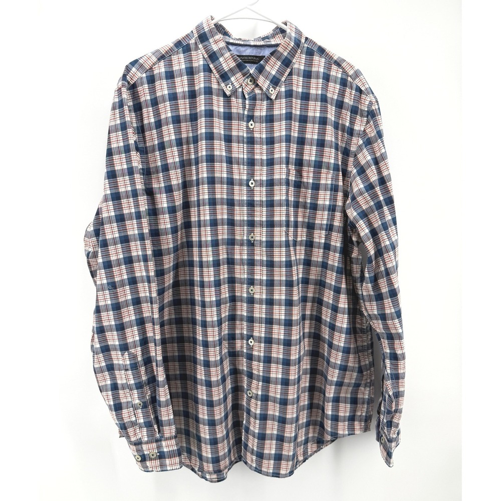 Banana Republic Camden Fit Blue Red Plaid Shirt Preppy Cotton Office Men XL EUC
